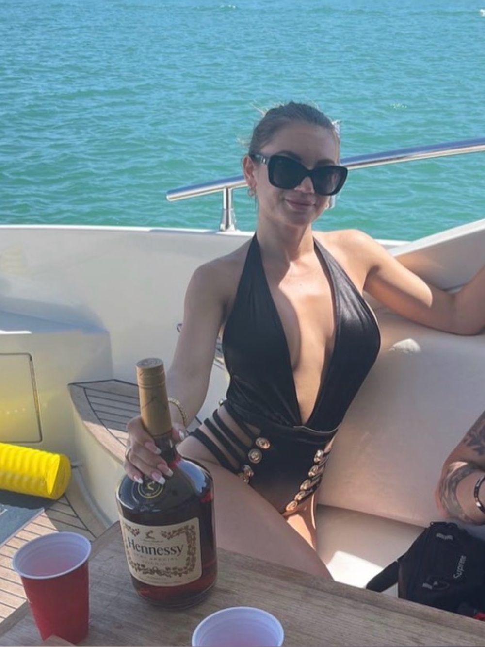 Black Plunging One-Piece Swimsuit with Gold Buttons